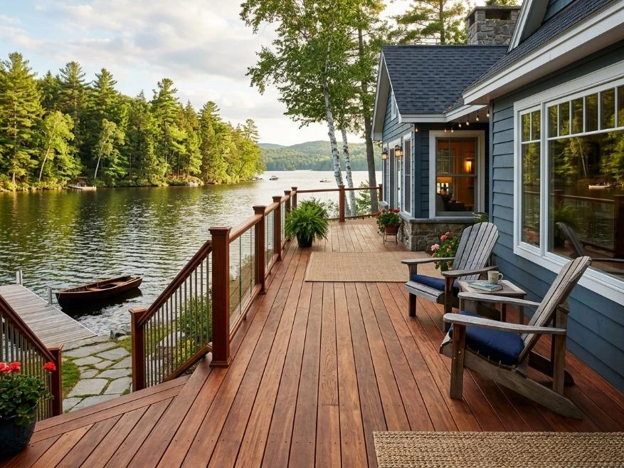 Transparent oil-based deck stain in Amaretto color paired with grey house exterior, wood grain visible through warm tone